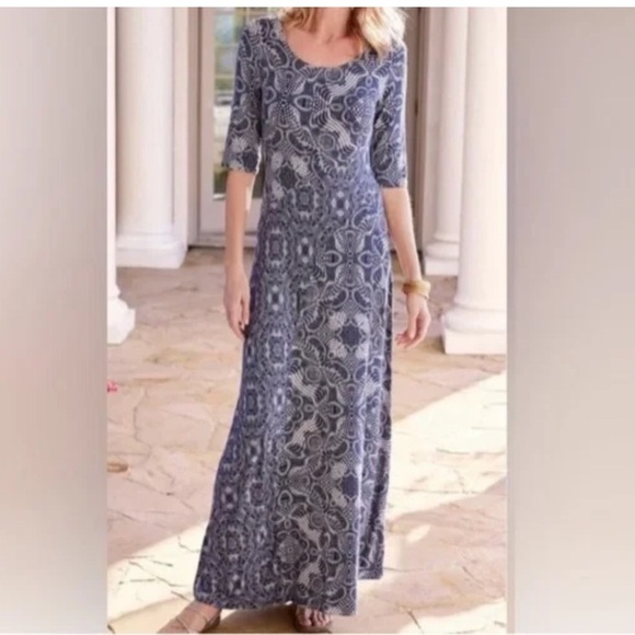 Soft Surroundings Petite Large Maxi Dress Stretchy Soft Navy and Beige - Picture 1 of 8